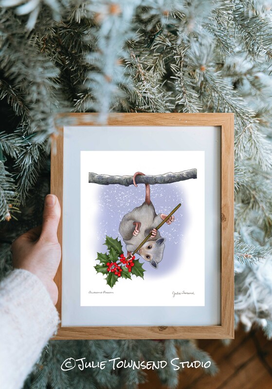 ART PRINT -  AWESOME POSSUM- Whimsical Drawing of a Opossum Holding a Sprig of Holly - Art for the Winter Season - Brighten Any Room for the